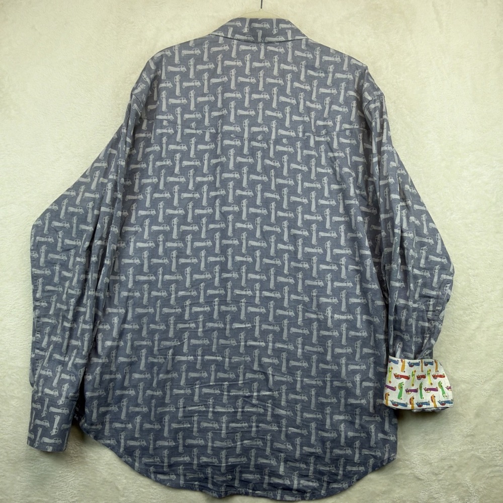 Robert Graham Button Up Shirt Men's L Blue Car Print Novelty Flip Cuff Stretch - Picture 9 of 10